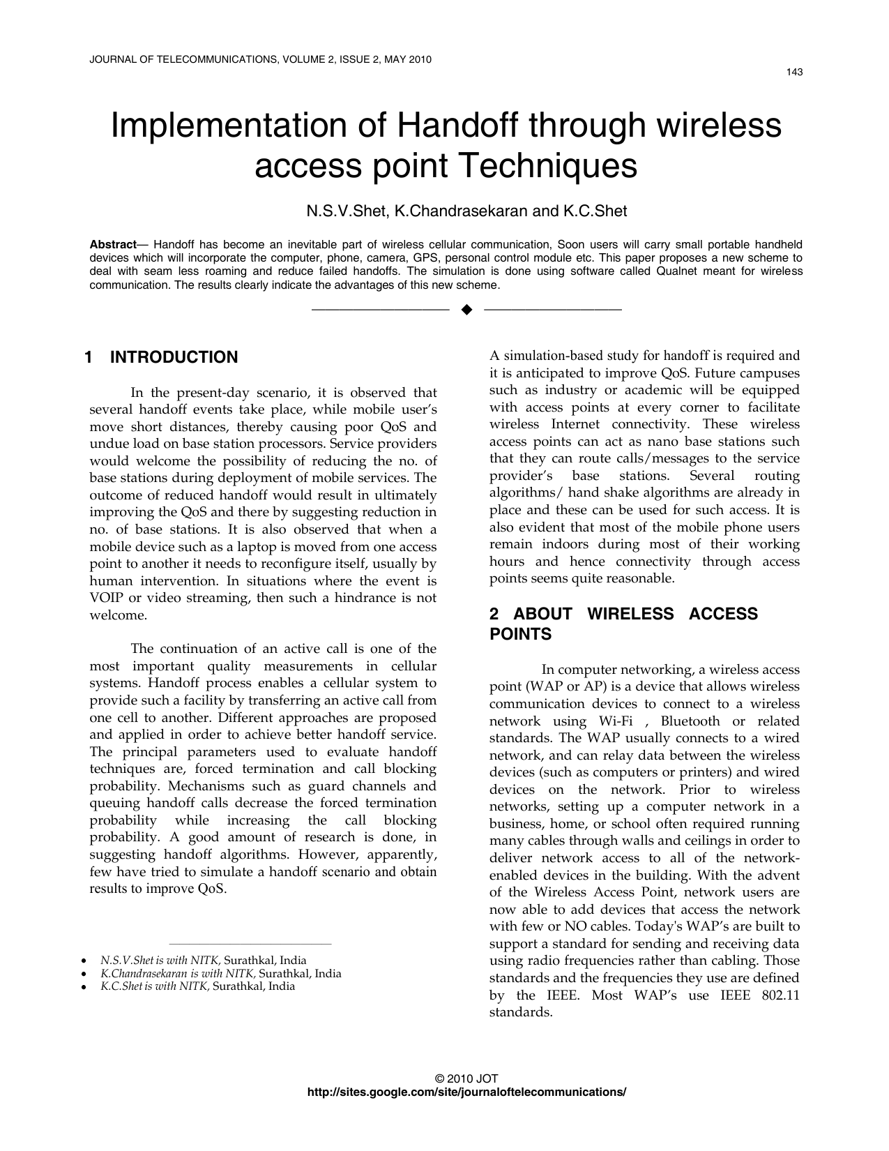 Implementation of Handoff through wireless access point Techniques