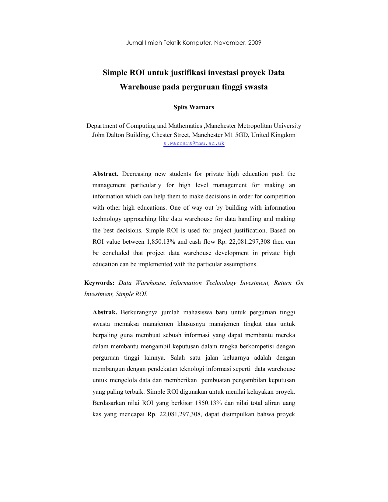 Simple ROI untuk justifikasi investasi proyek Data Warehouse pada   perguruan tinggi swasta