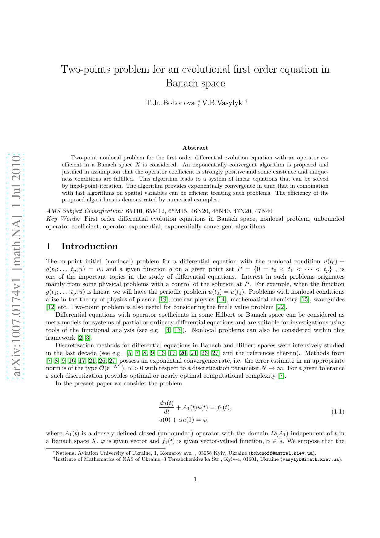 Two-points problem for an evolutional first order equation in Banach   space