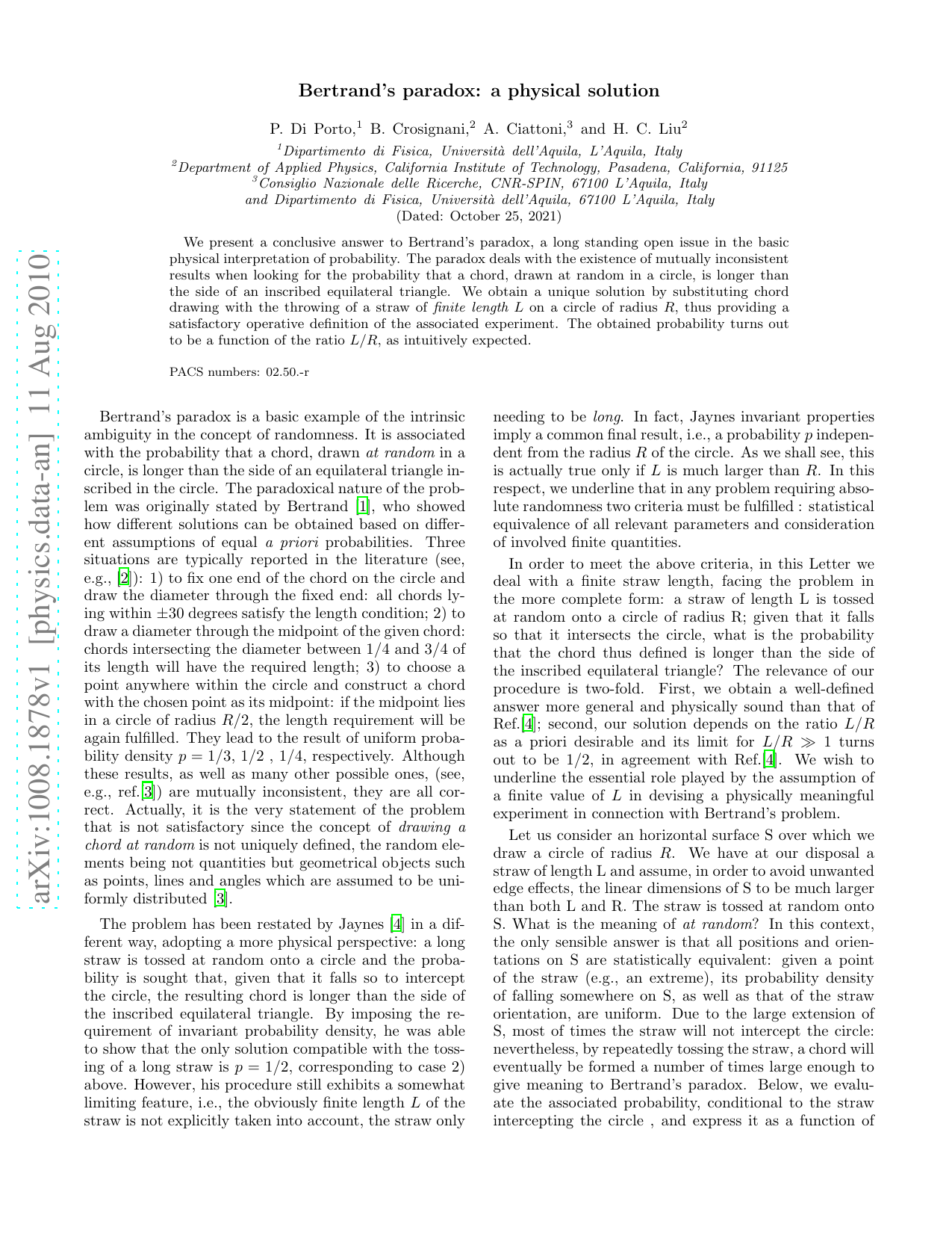 Bertrands paradox: a physical solution