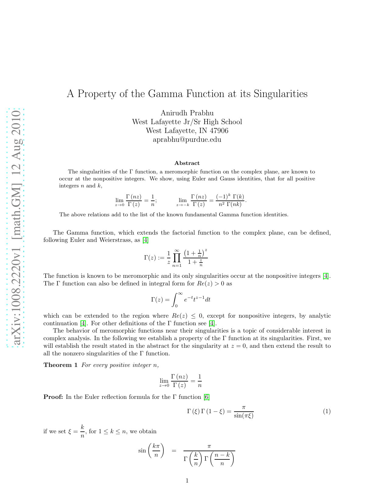 A Property of the Gamma Function at its Singularities