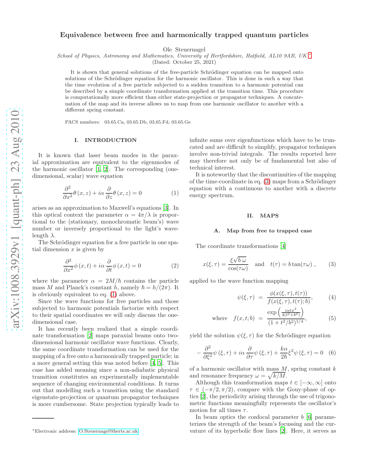 Equivalence between free and harmonically trapped quantum particles