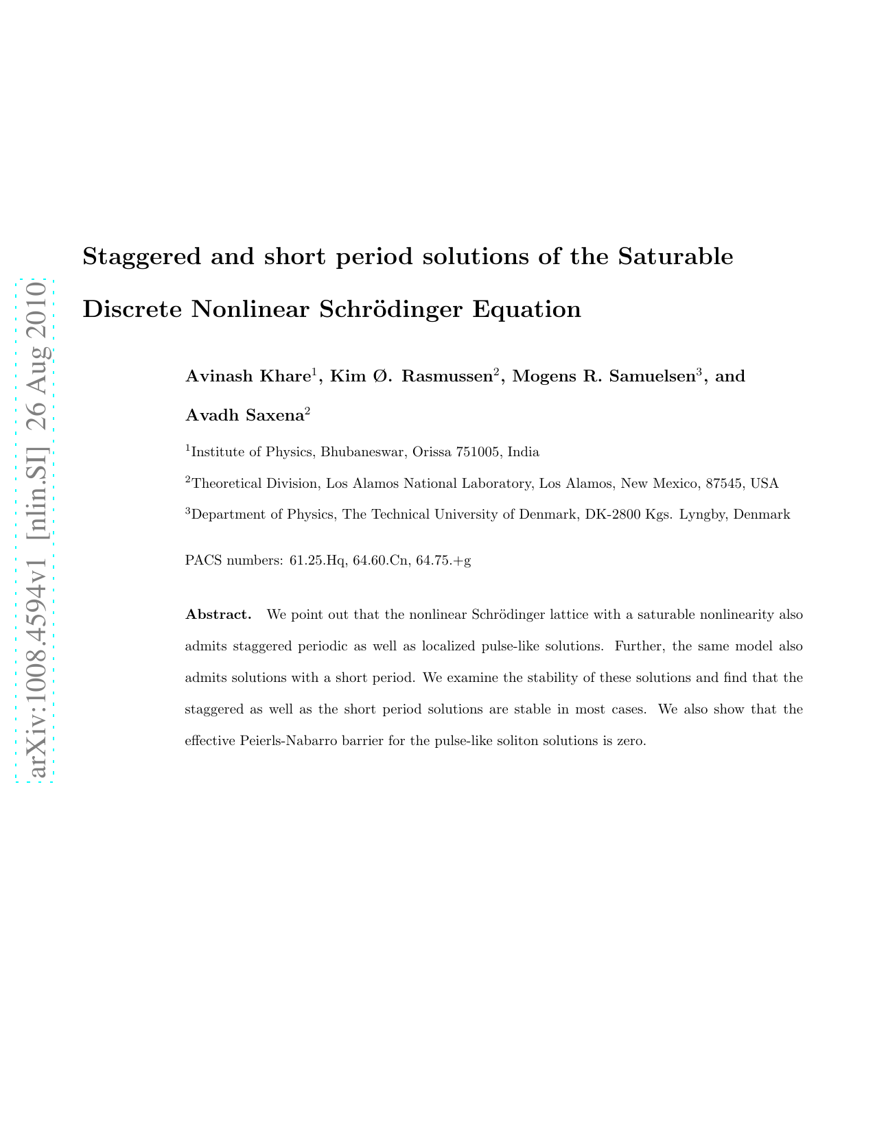 Staggered and short period solutions of the Saturable Discrete Nonlinear   Schr'odinger Equation