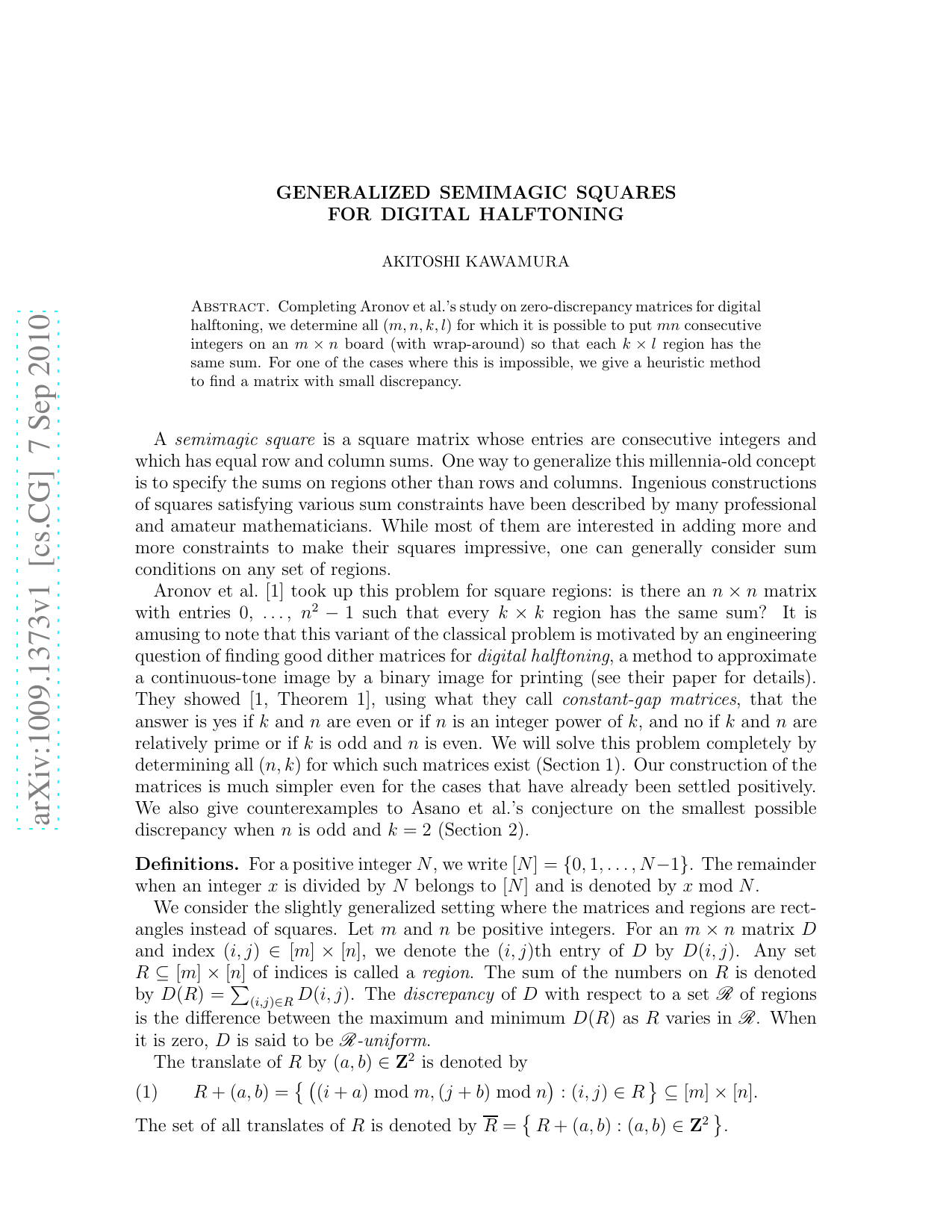 Generalized Semimagic Squares for Digital Halftoning