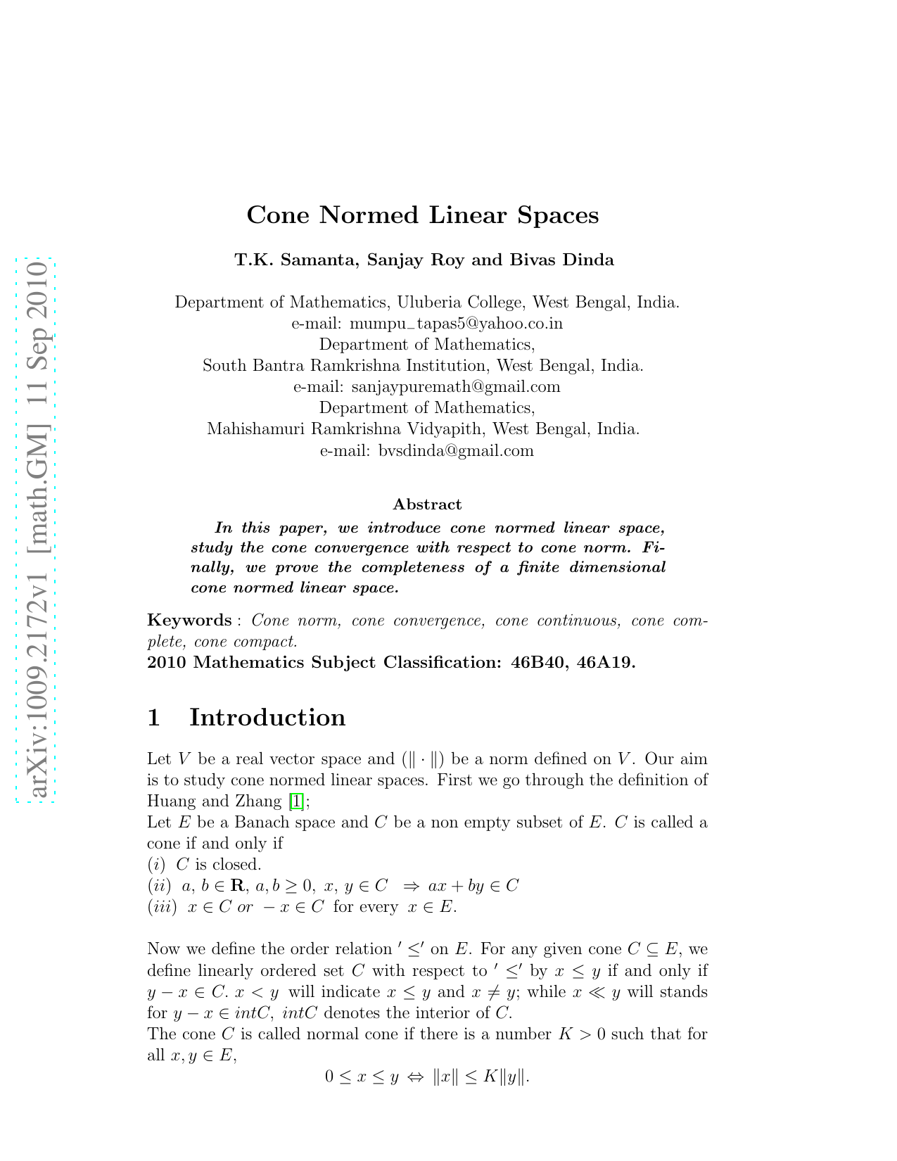 Cone Normed Linear Spaces