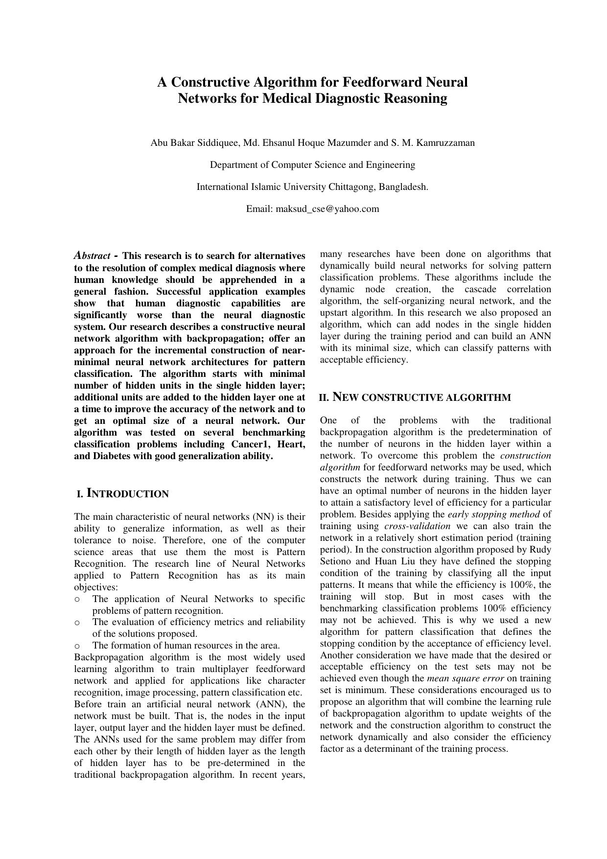 A Constructive Algorithm for Feedforward Neural Networks for Medical Diagnostic Reasoning