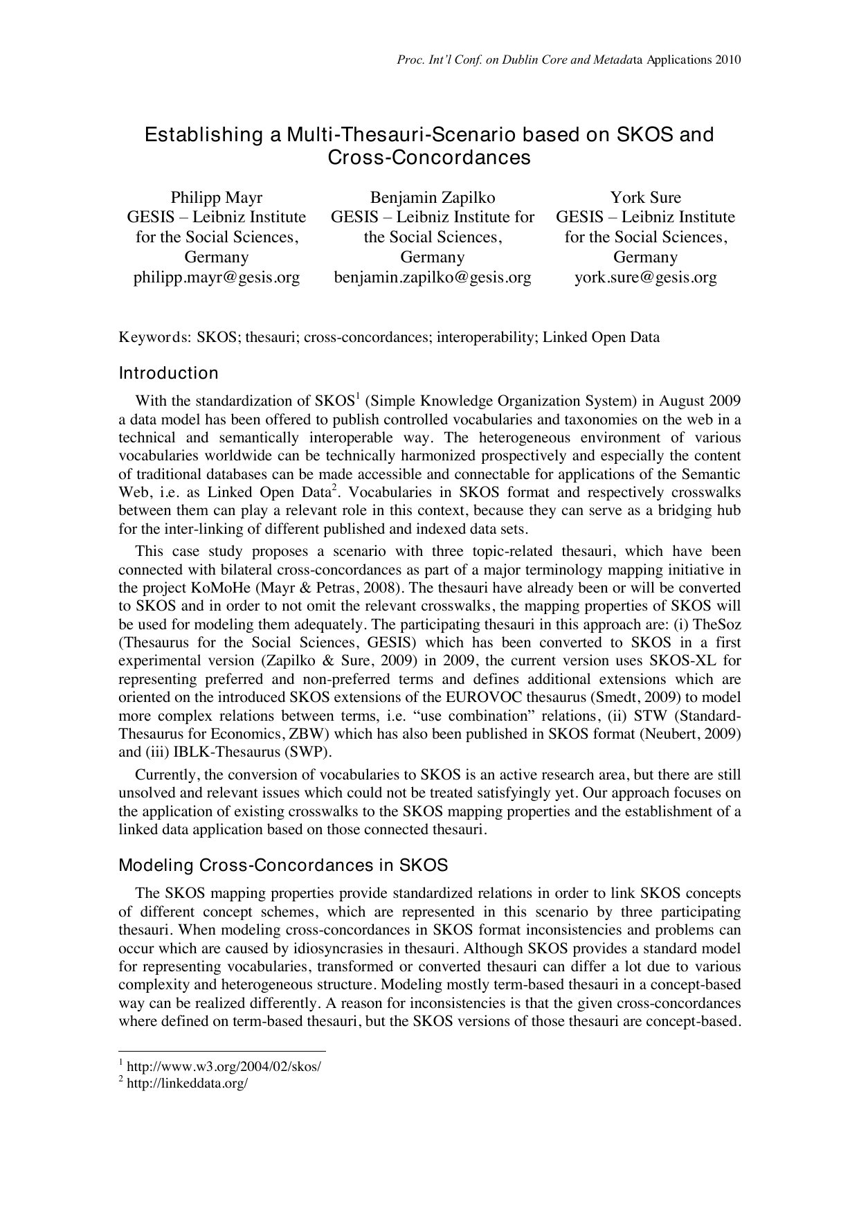 Establishing a Multi-Thesauri-Scenario based on SKOS and   Cross-Concordances
