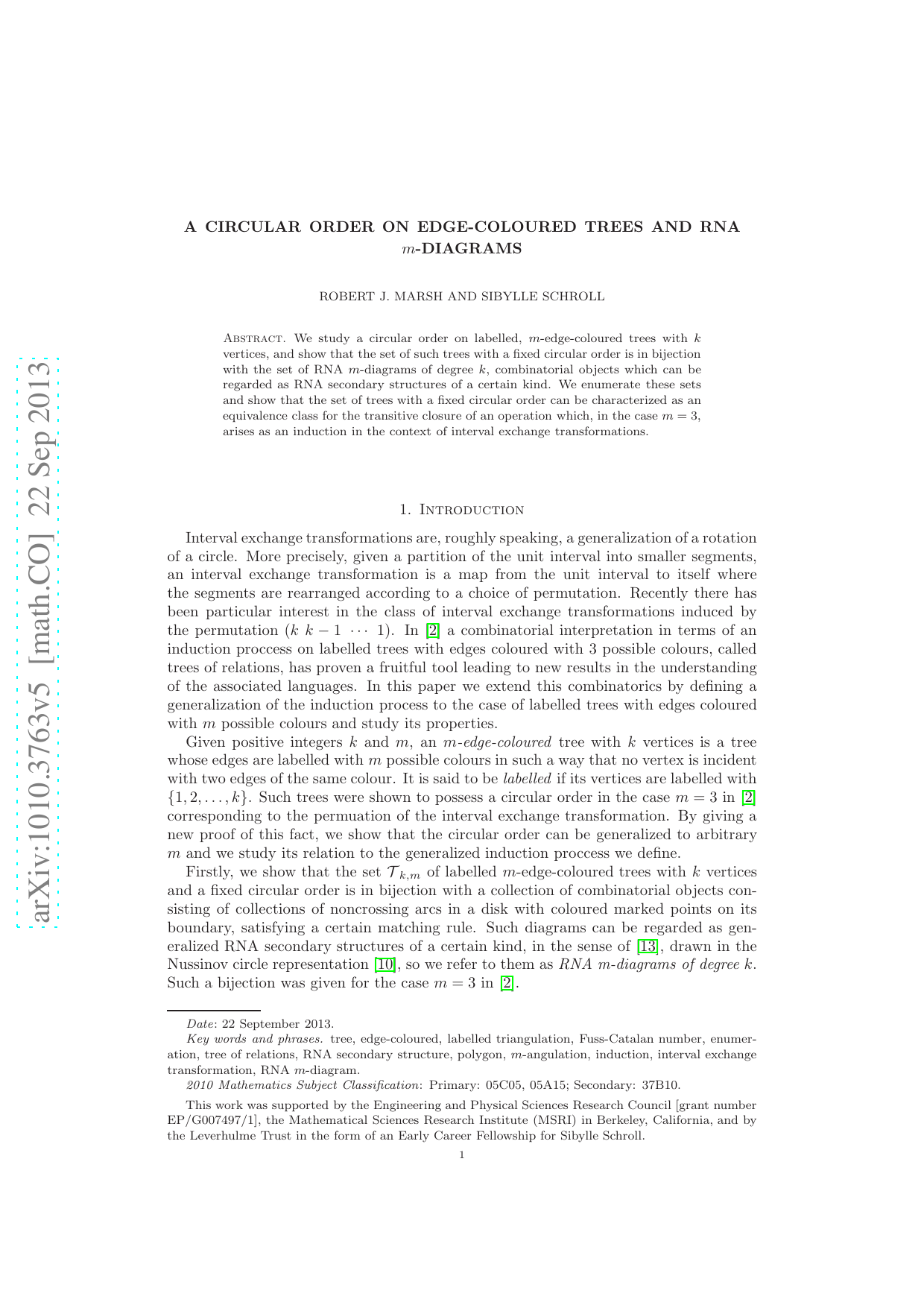 A circular order on edge-coloured trees and RNA m-diagrams