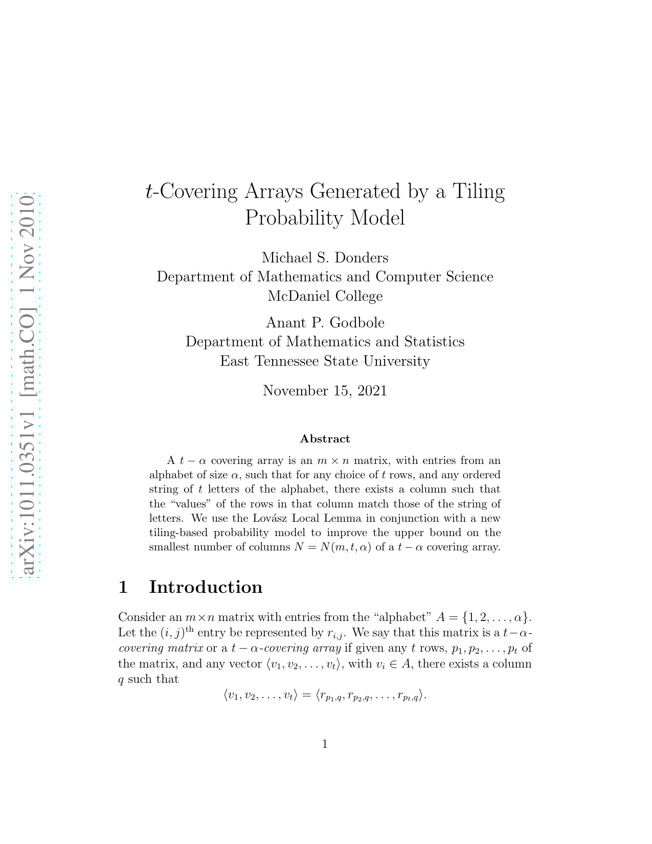 $t$-Covering Arrays Generated by a Tiling Probability Model