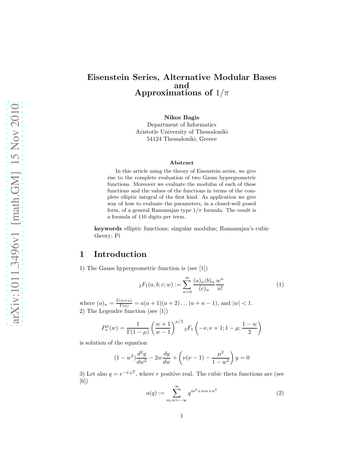 Eisenstein Series, Alternative Modular Bases and Approximations of   $1/pi$