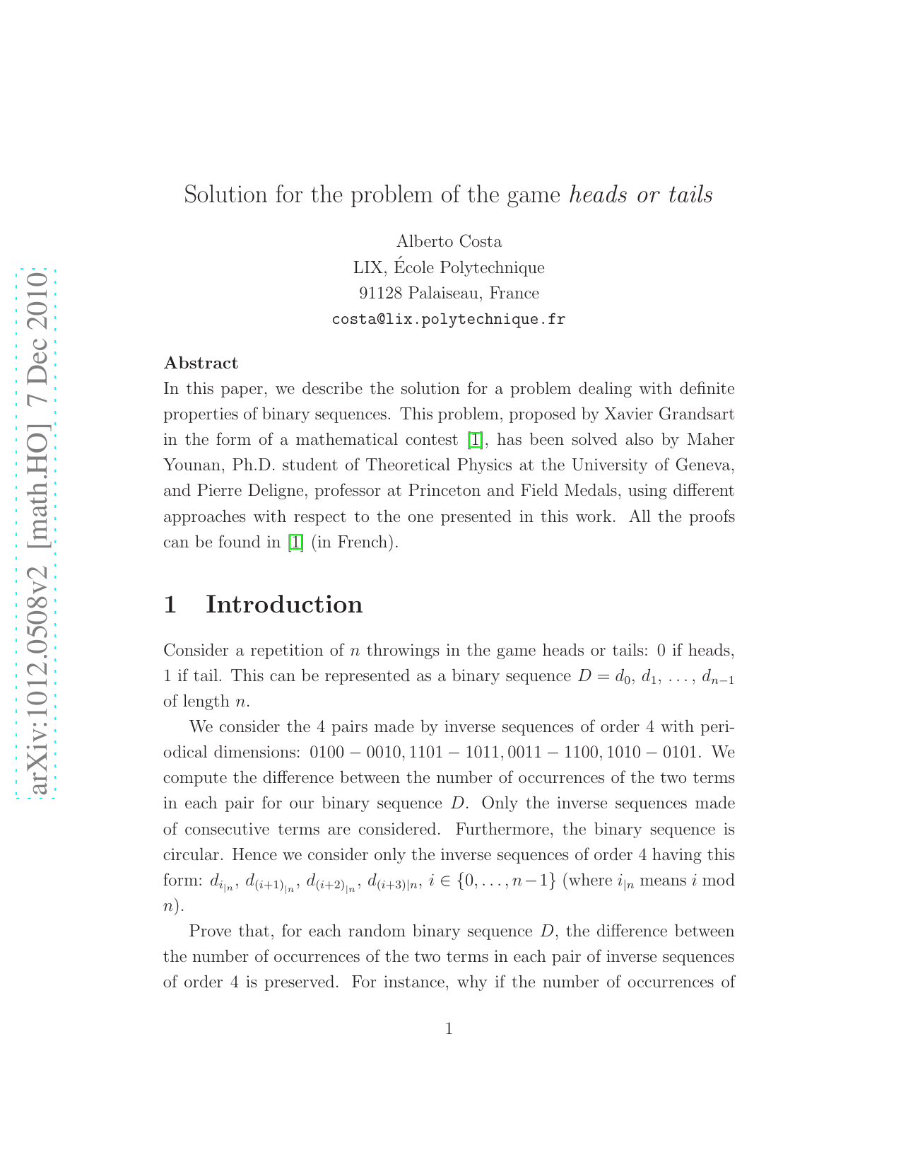 Solution for the problem of the game heads or tails