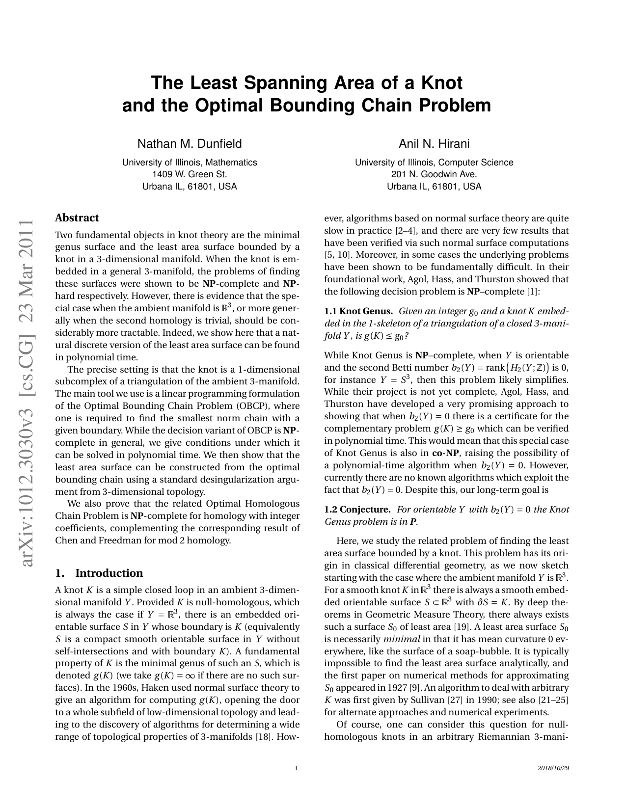 The Least Spanning Area of a Knot and the Optimal Bounding Chain Problem