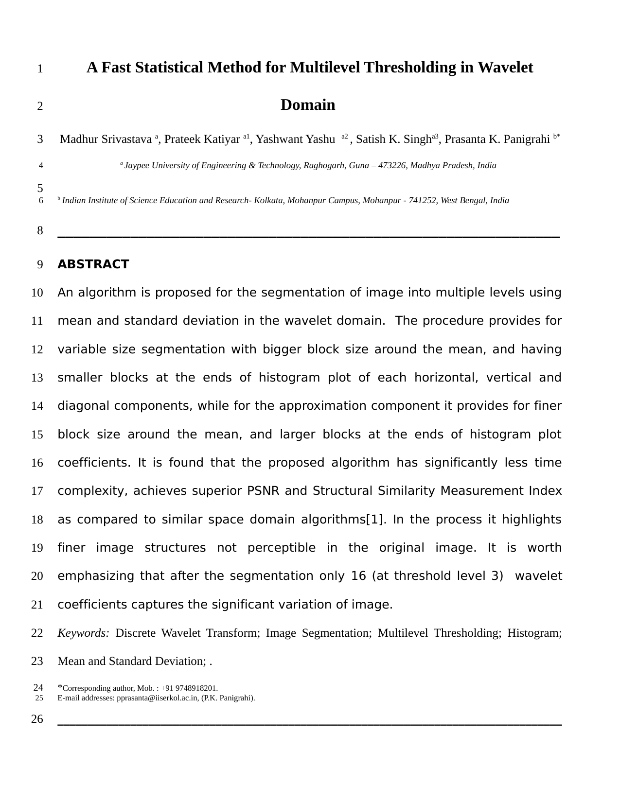 A Fast Statistical Method for Multilevel Thresholding in Wavelet Domain