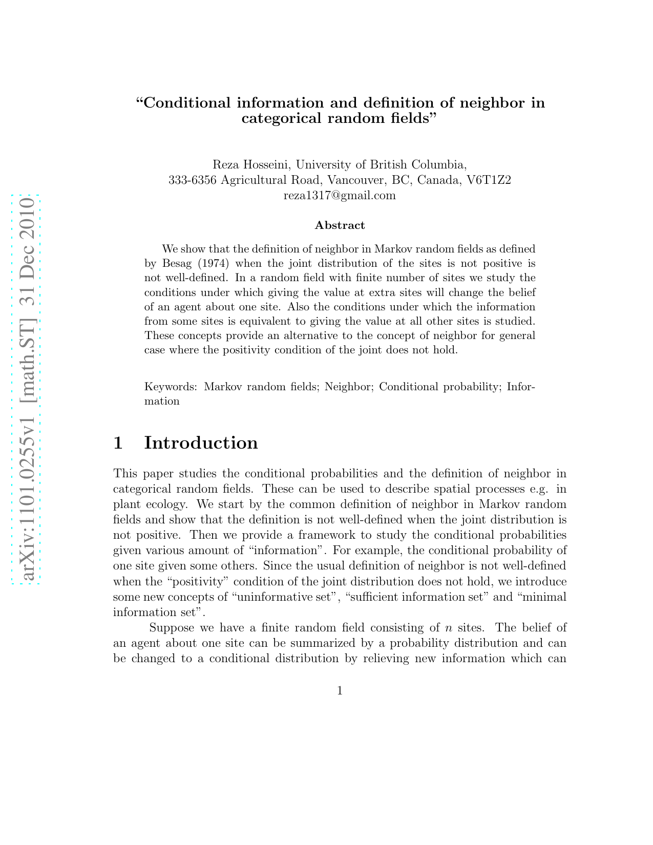 Conditional information and definition of neighbor in categorical random   fields