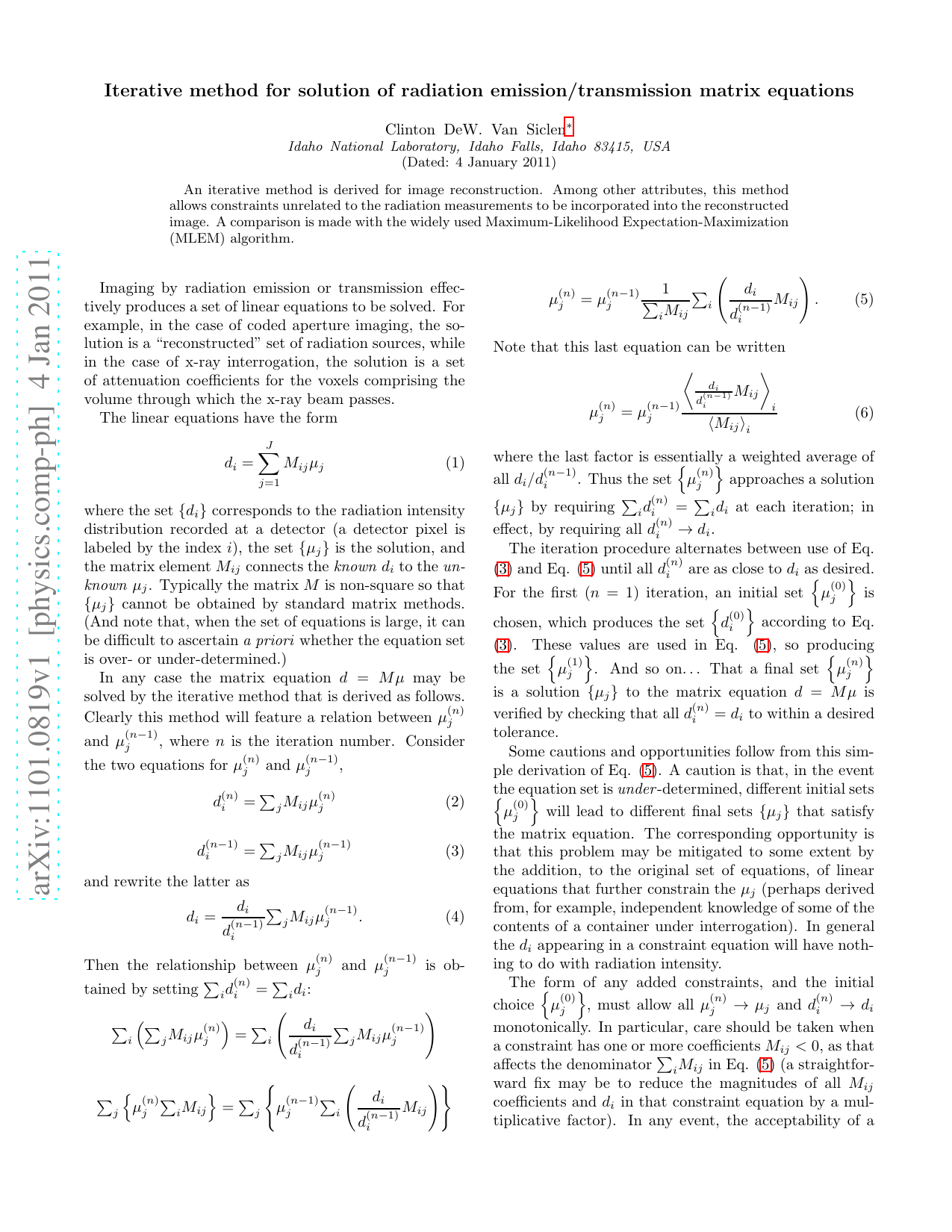Iterative method for solution of radiation emission/transmission matrix   equations
