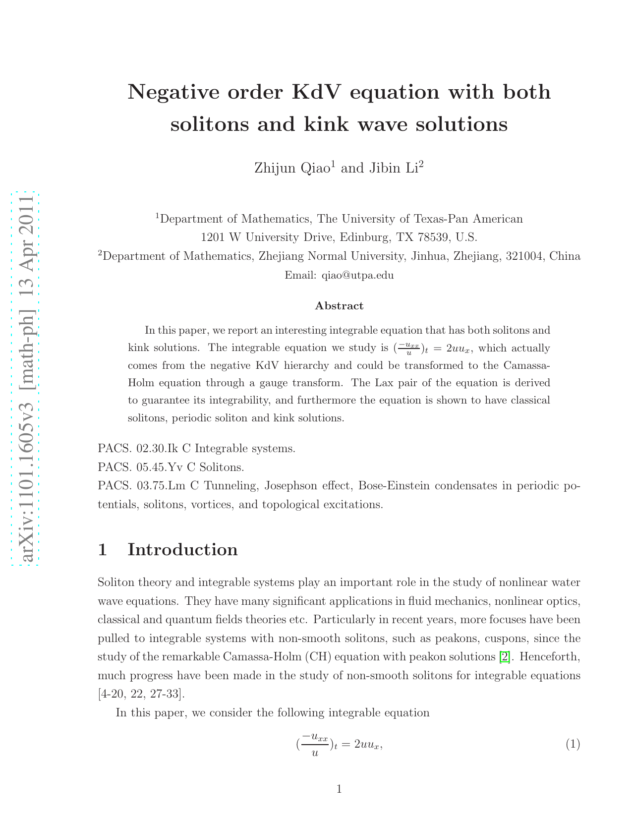 Negative order KdV equation with both solitons and kink wave solutions