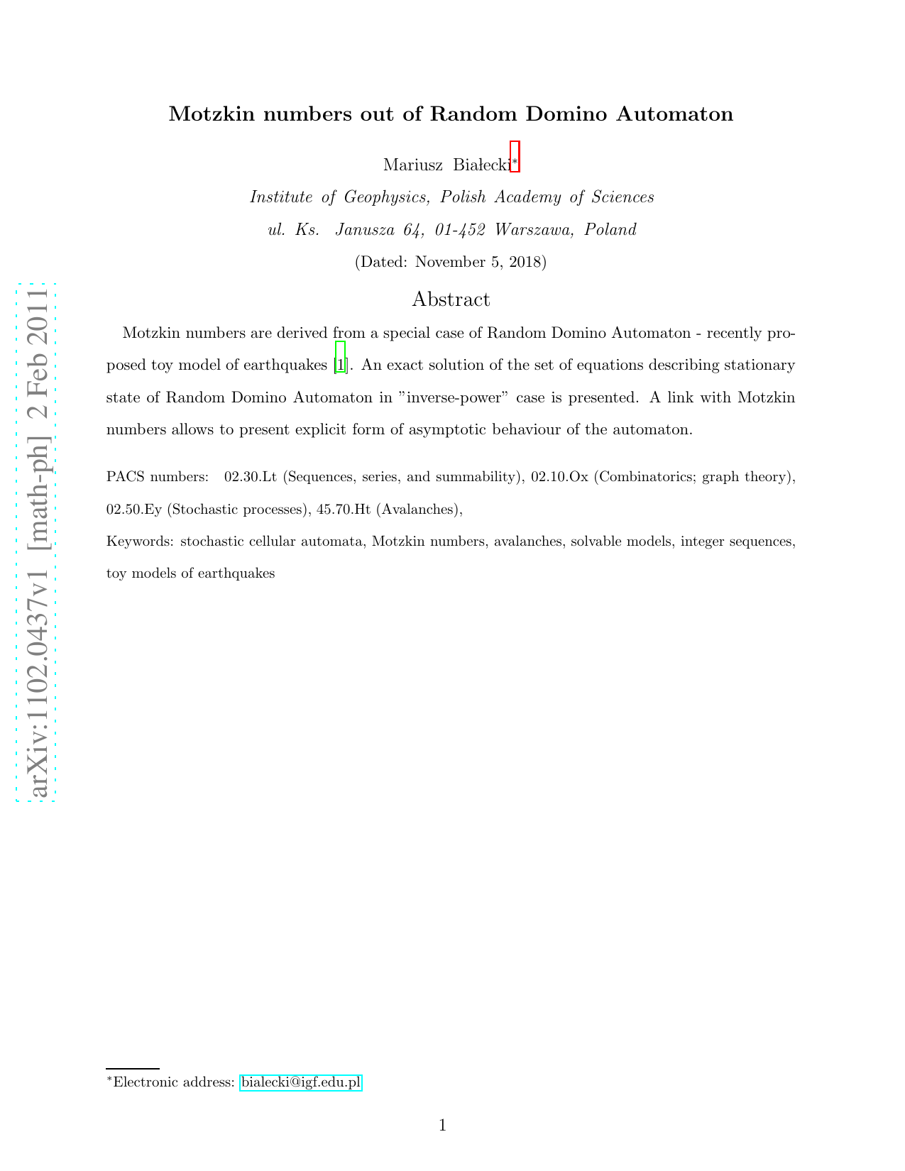 Motzkin numbers out of Random Domino Automaton
