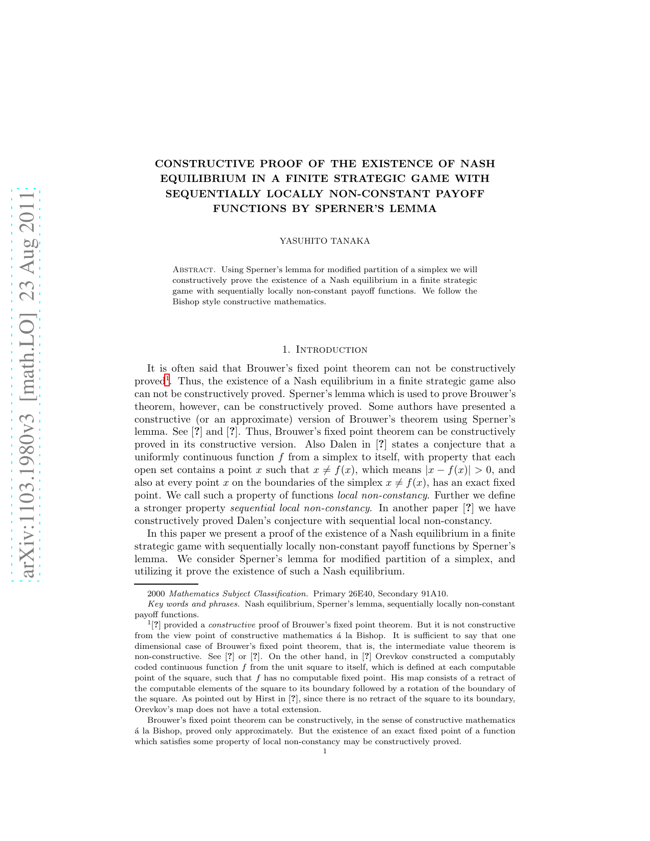 Constructive proof of the existence of Nash Equilibrium in a finite strategic game with sequentially locally non-constant payoff functions by Sperners lemma
