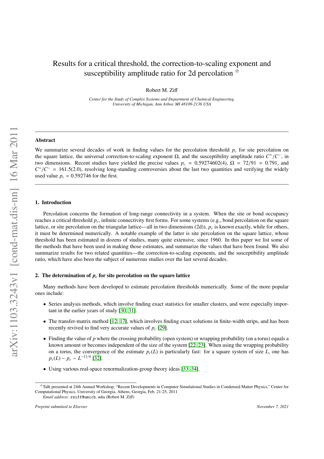Results for a critical threshold, the correction-to-scaling exponent and   susceptibility amplitude ratio for 2d percolation