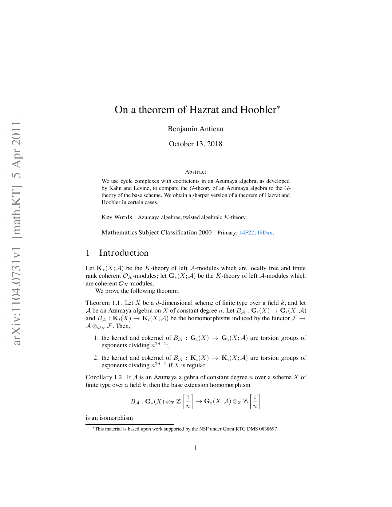 On a theorem of Hazrat and Hoobler