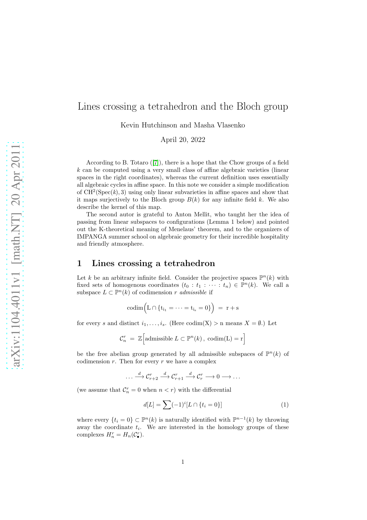 Lines crossing a tetrahedron and the Bloch group