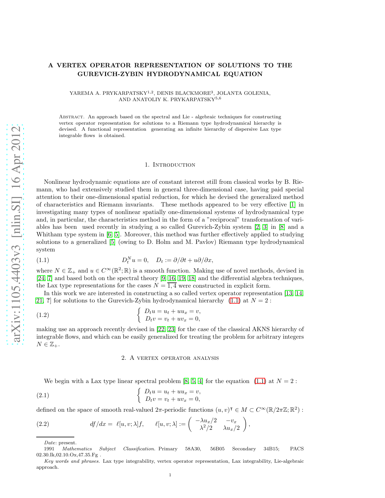 A vertex operator representation of solutions to the Gurevich-Zybin   hydrodynamical equation