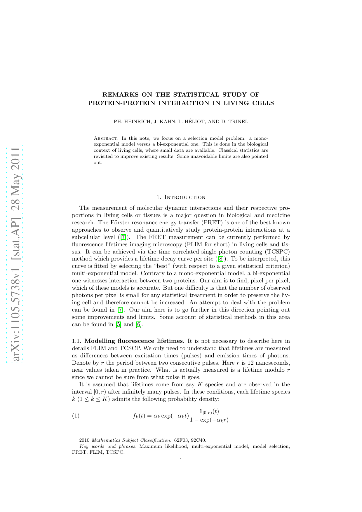 Remarks on the statistical study of protein-protein interaction in living cells