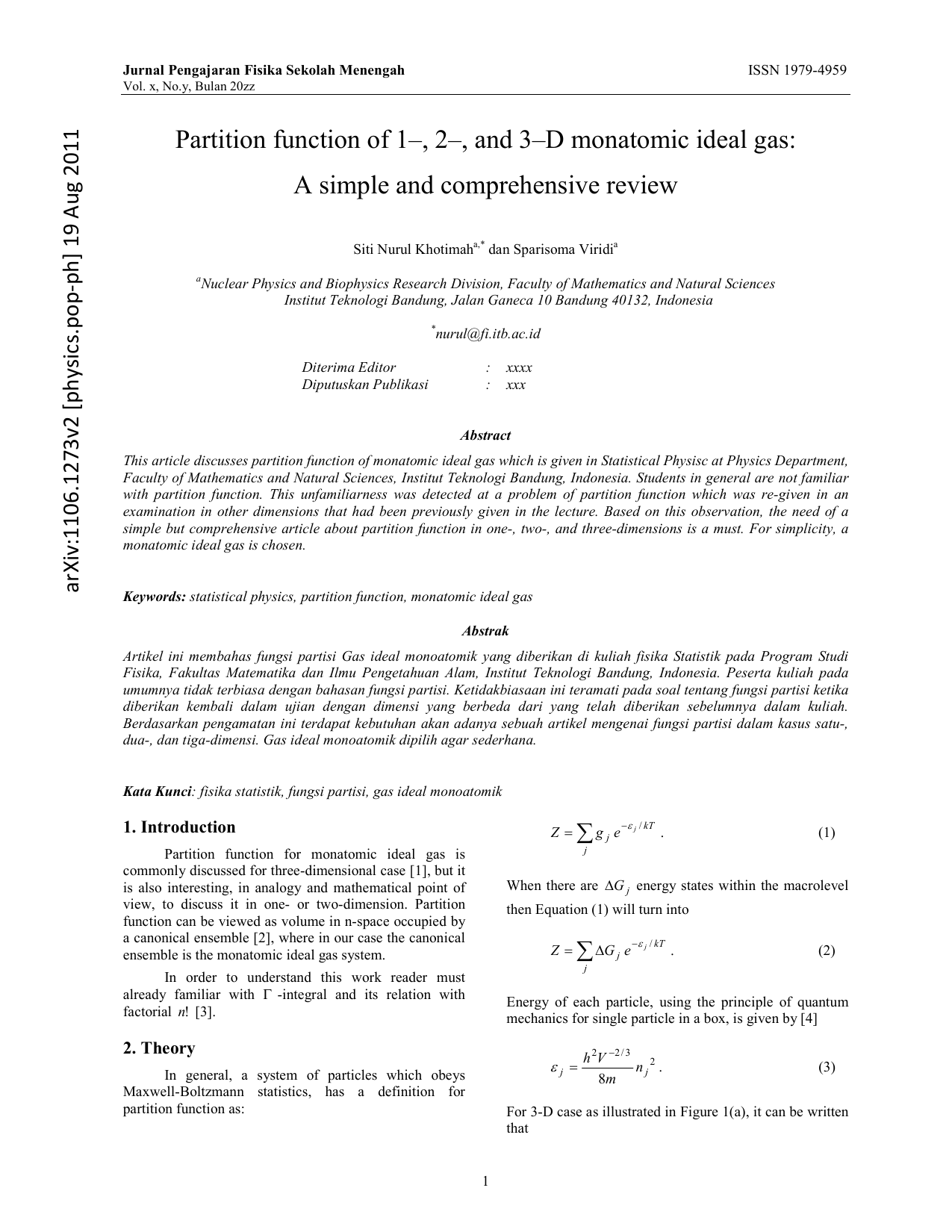 Partition function of 1-, 2-, and 3-D monatomic ideal gas: A simple and   comprehensive review