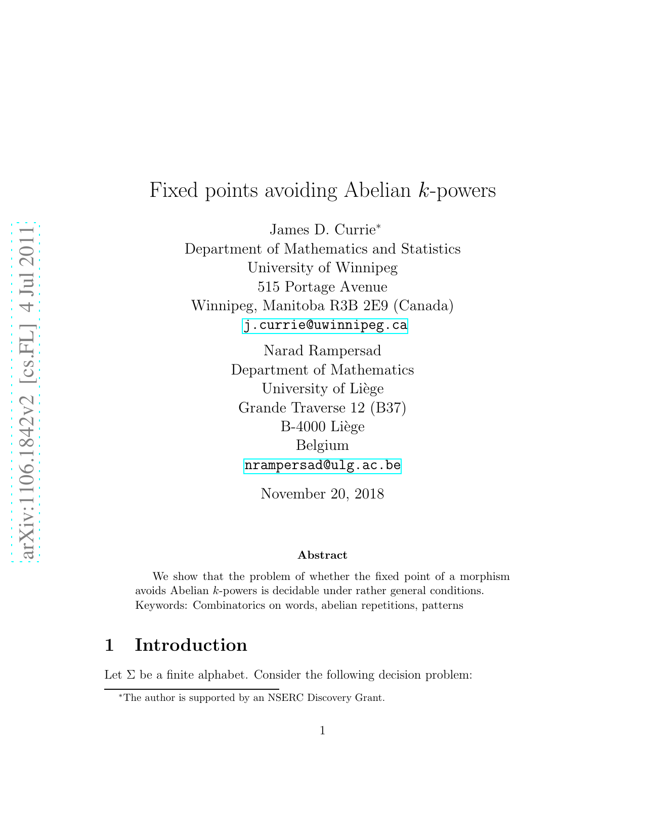 Fixed points avoiding Abelian $k$-powers