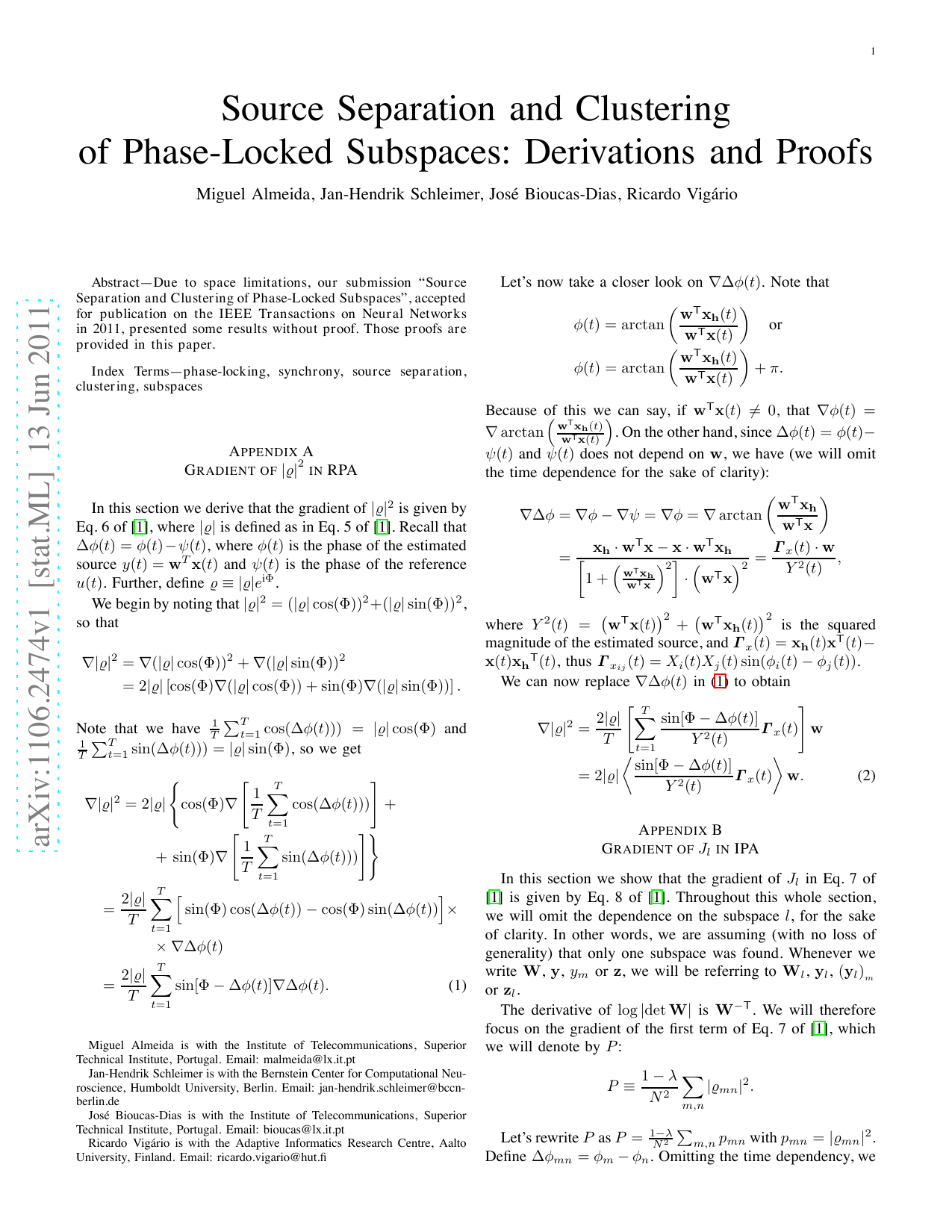 Source Separation and Clustering of Phase-Locked Subspaces: Derivations   and Proofs