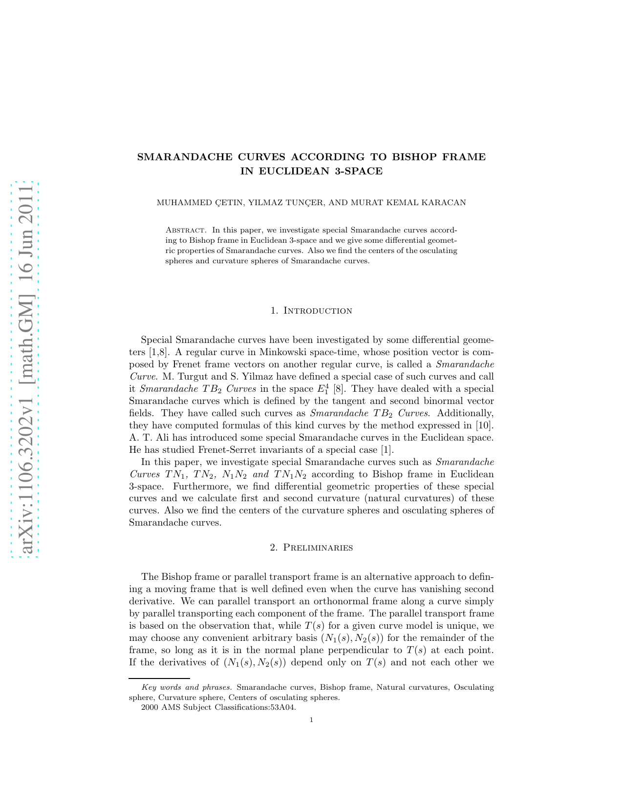 Smarandache Curves According to Bishop Frame in Euclidean 3-Space