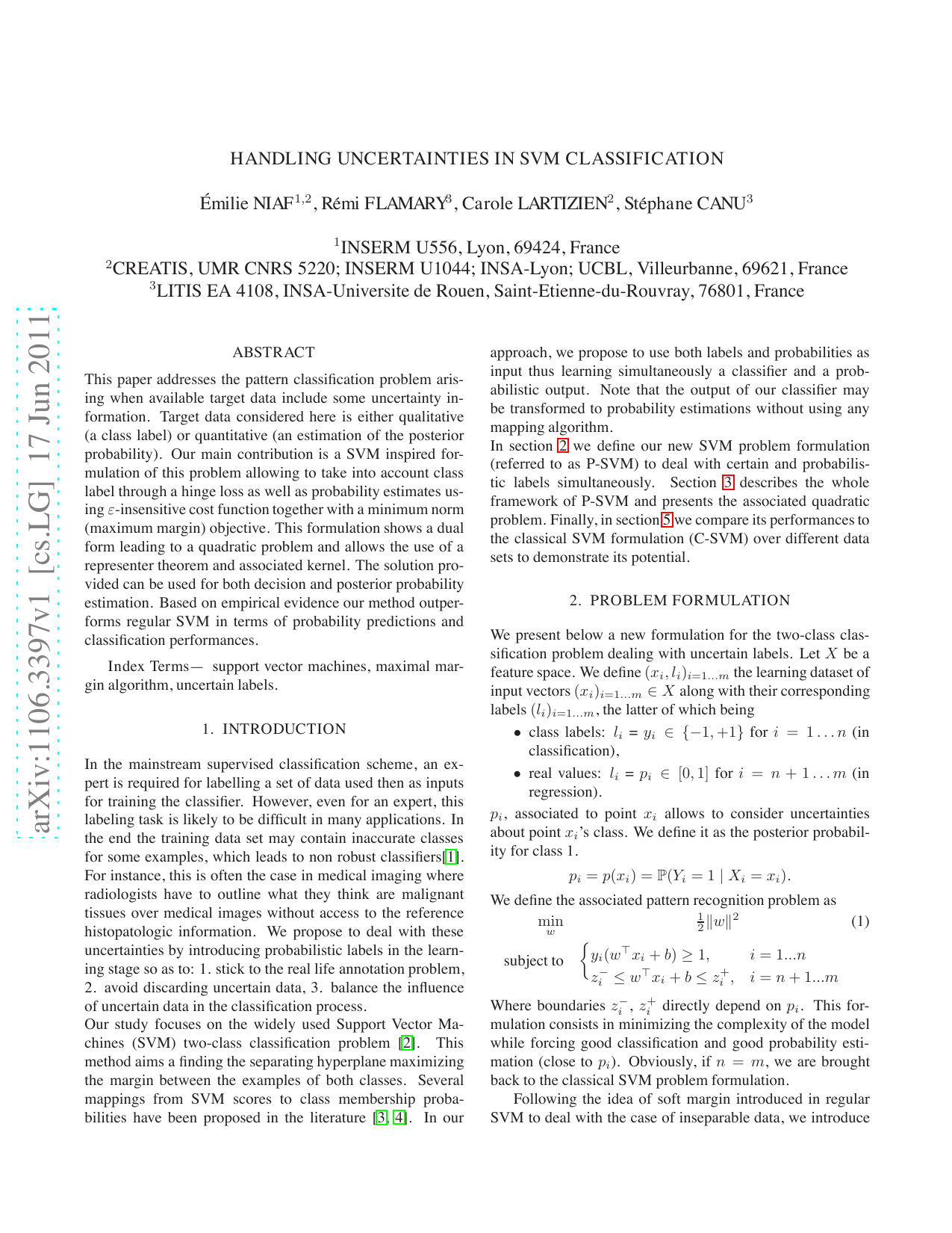 Handling uncertainties in SVM classification