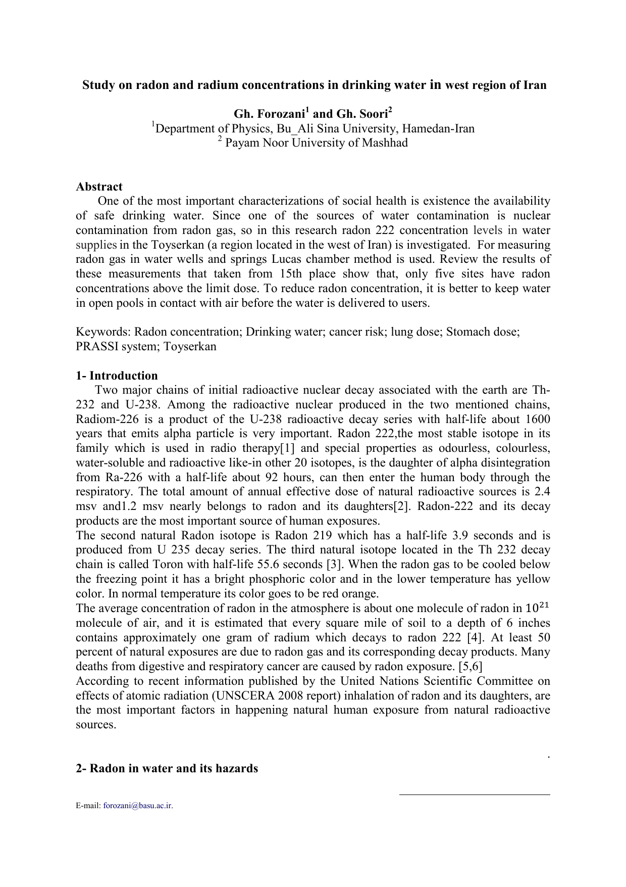Study on radon and radium concentrations in drinking water in west   region of Iran
