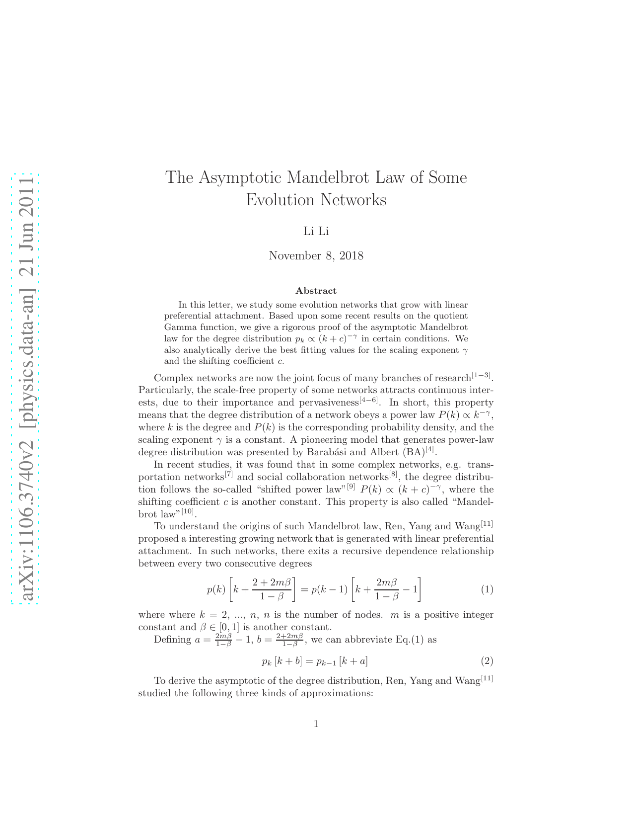 The Asymptotic Mandelbrot Law of Some Evolution Networks