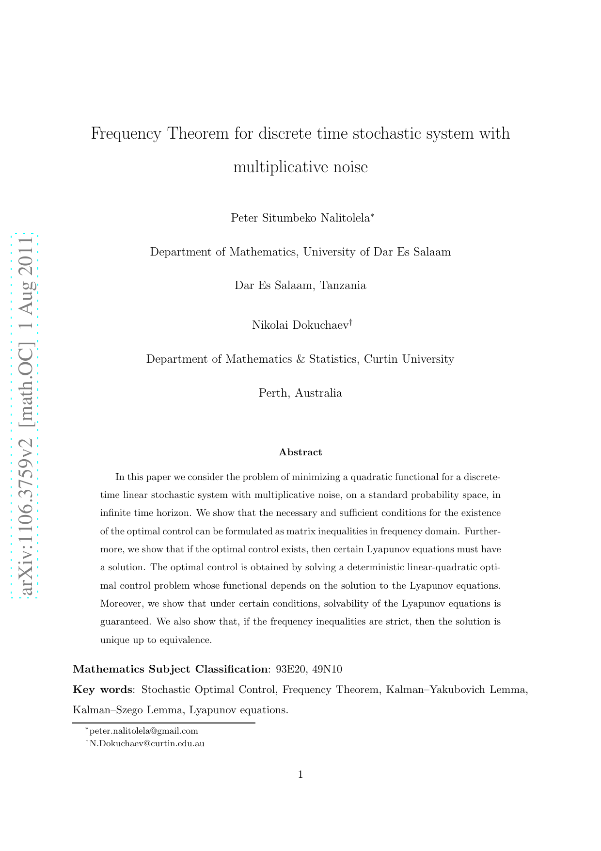 Frequency Theorem for discrete time stochastic system with   multiplicative noise