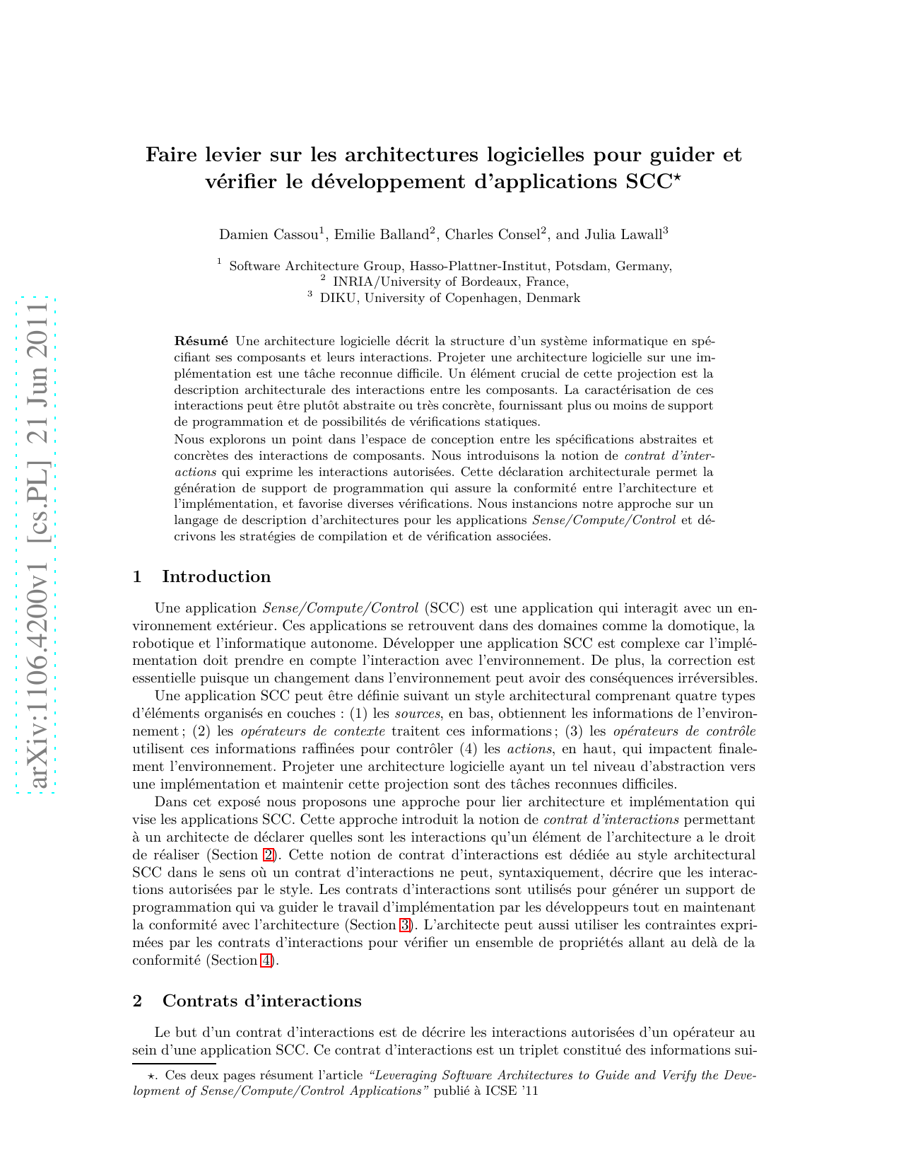 Faire levier sur les architectures logicielles pour guider et verifier   le developpement dapplications SCC