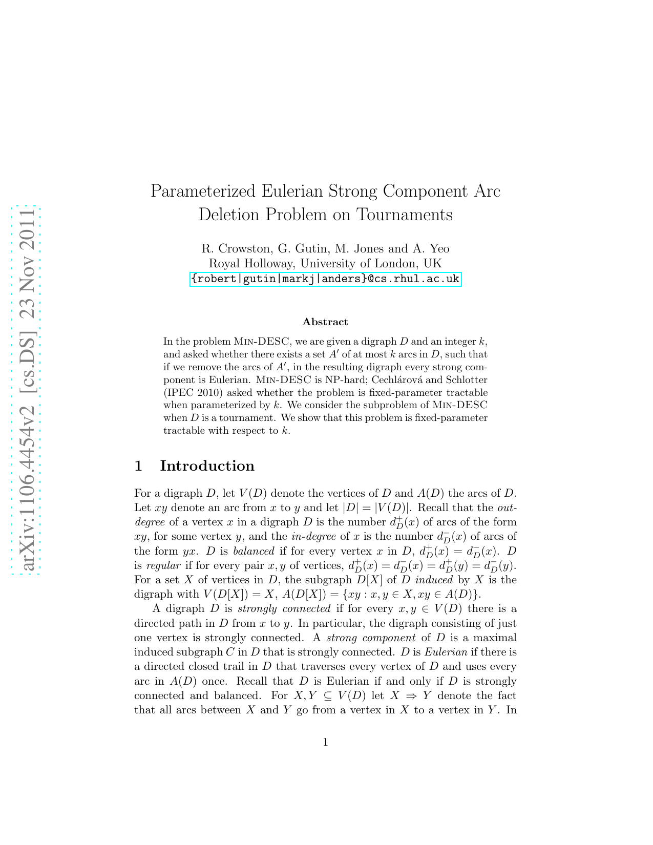 Parameterized Eulerian Strong Component Arc Deletion Problem on   Tournaments