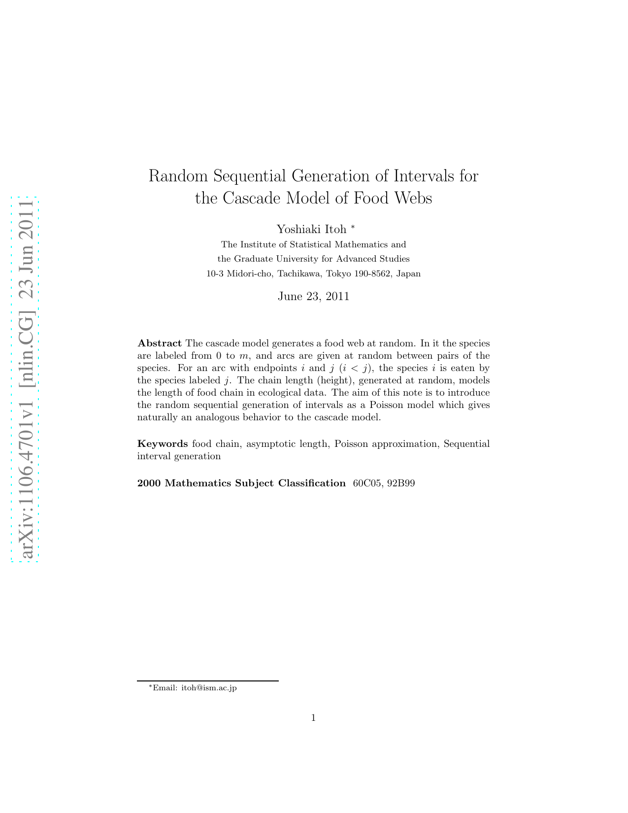 Random Sequential Generation of Intervals for the Cascade Model of Food   Webs