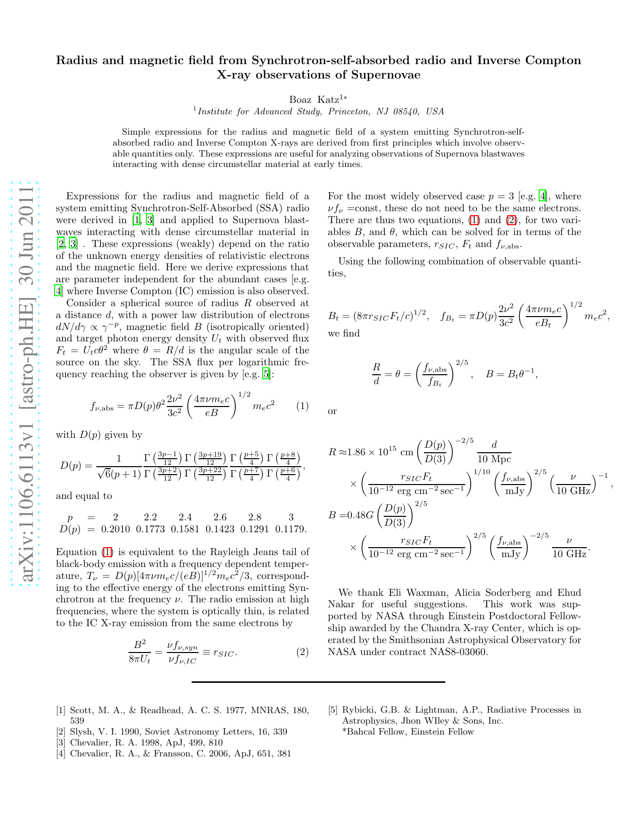 Radius and magnetic field from Synchrotron-self-absorbed radio and   Inverse Compton X-ray observations of Supernovae