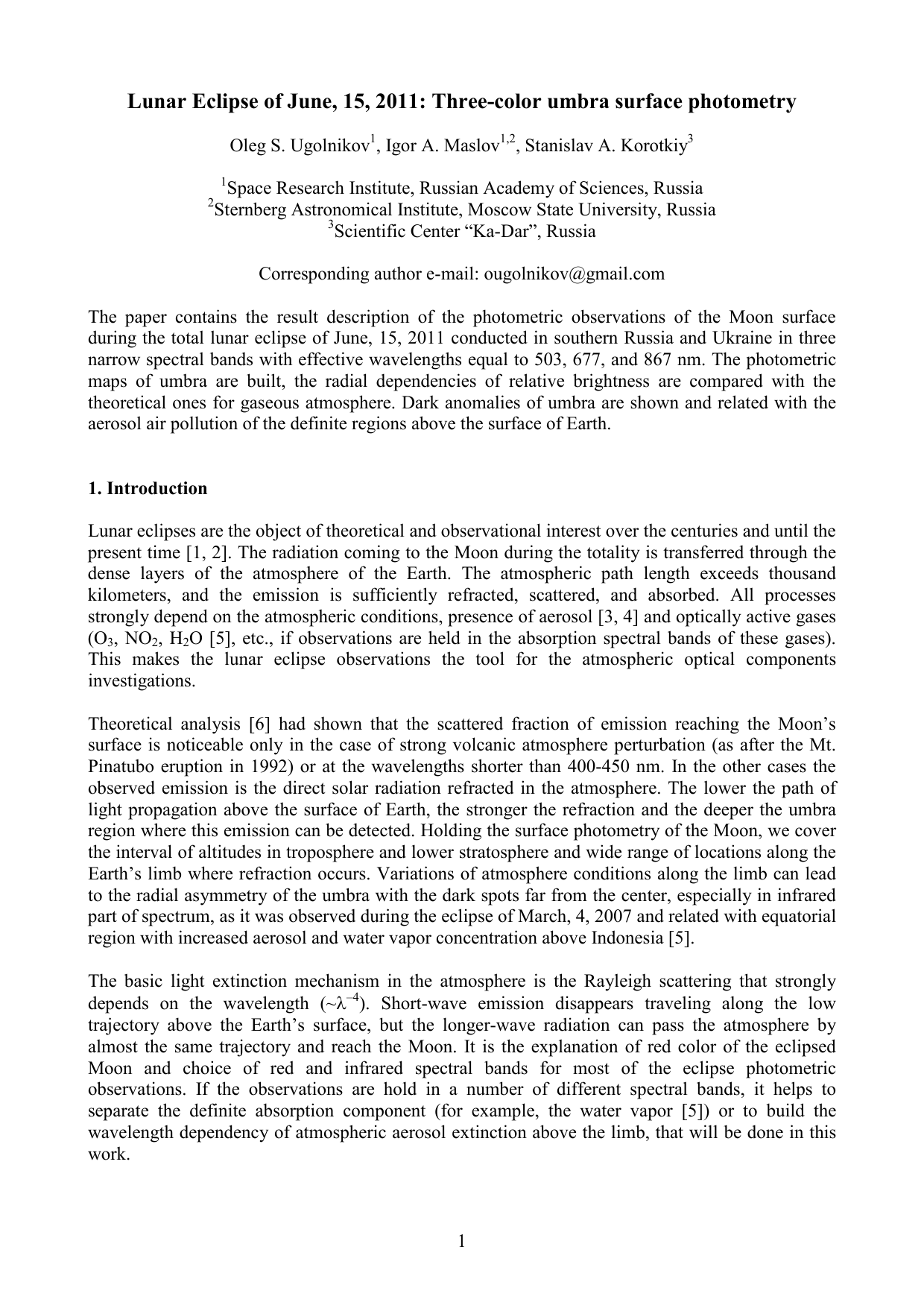 Lunar Eclipse of June, 15, 2011: Three-color umbra surface photometry
