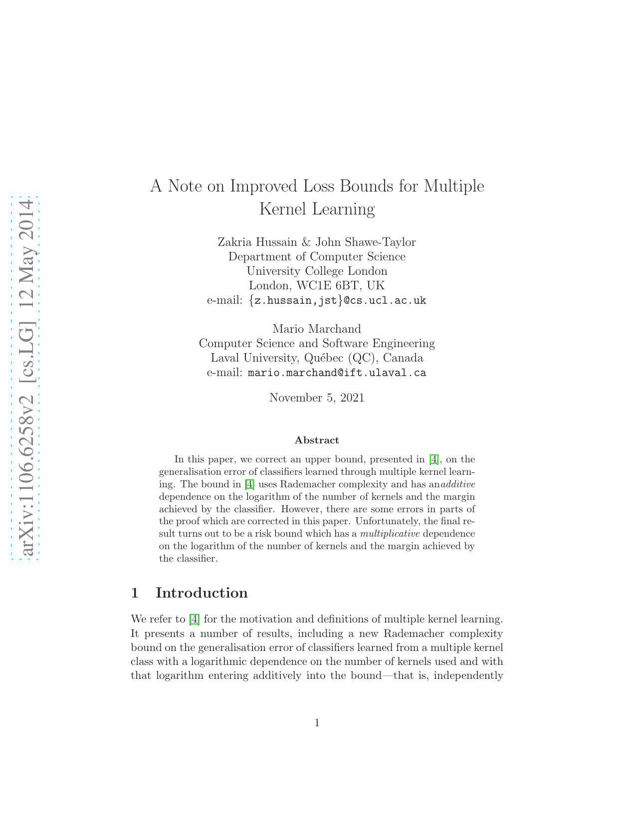 A Note on Improved Loss Bounds for Multiple Kernel Learning