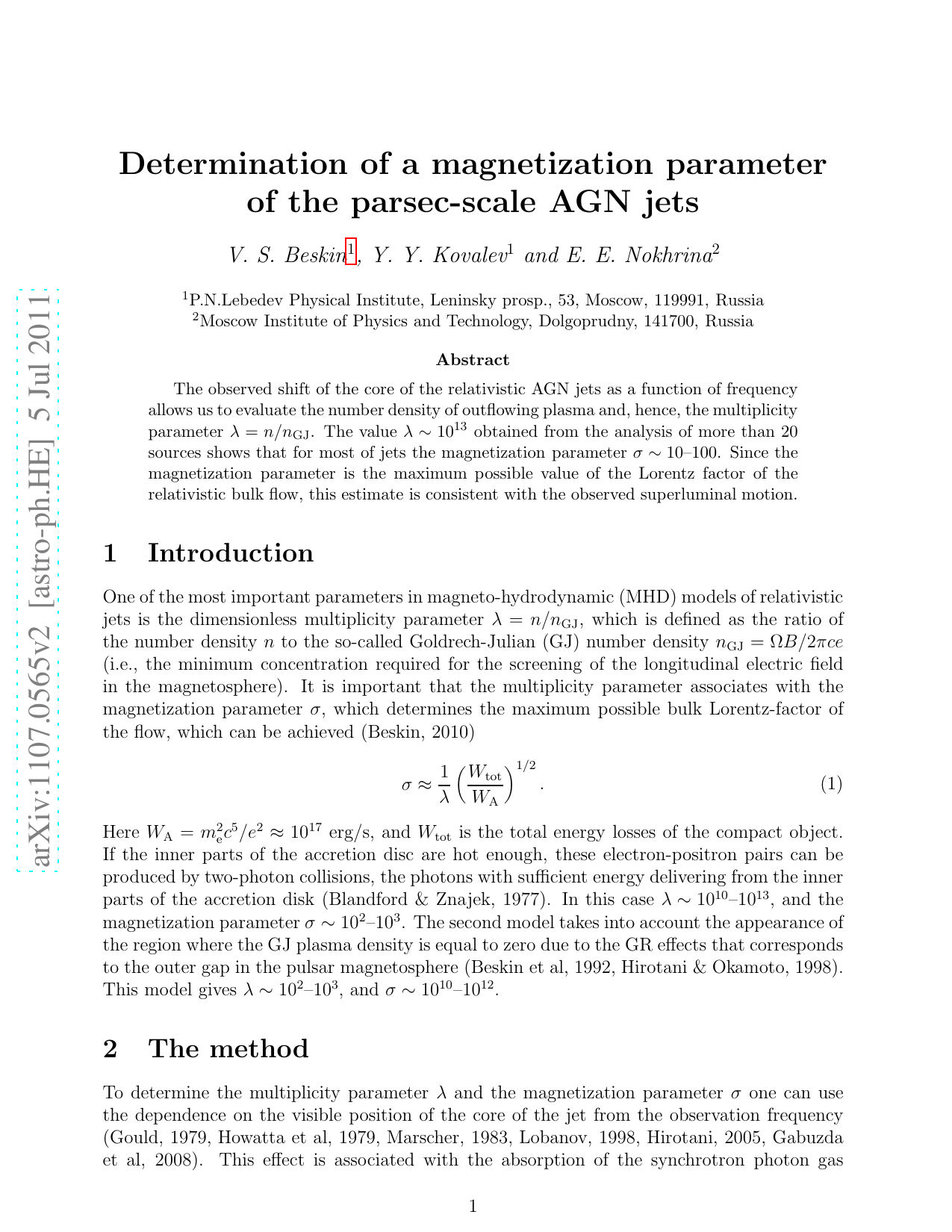 Determination of a magnetization parameter of the parsec-scale AGN jets