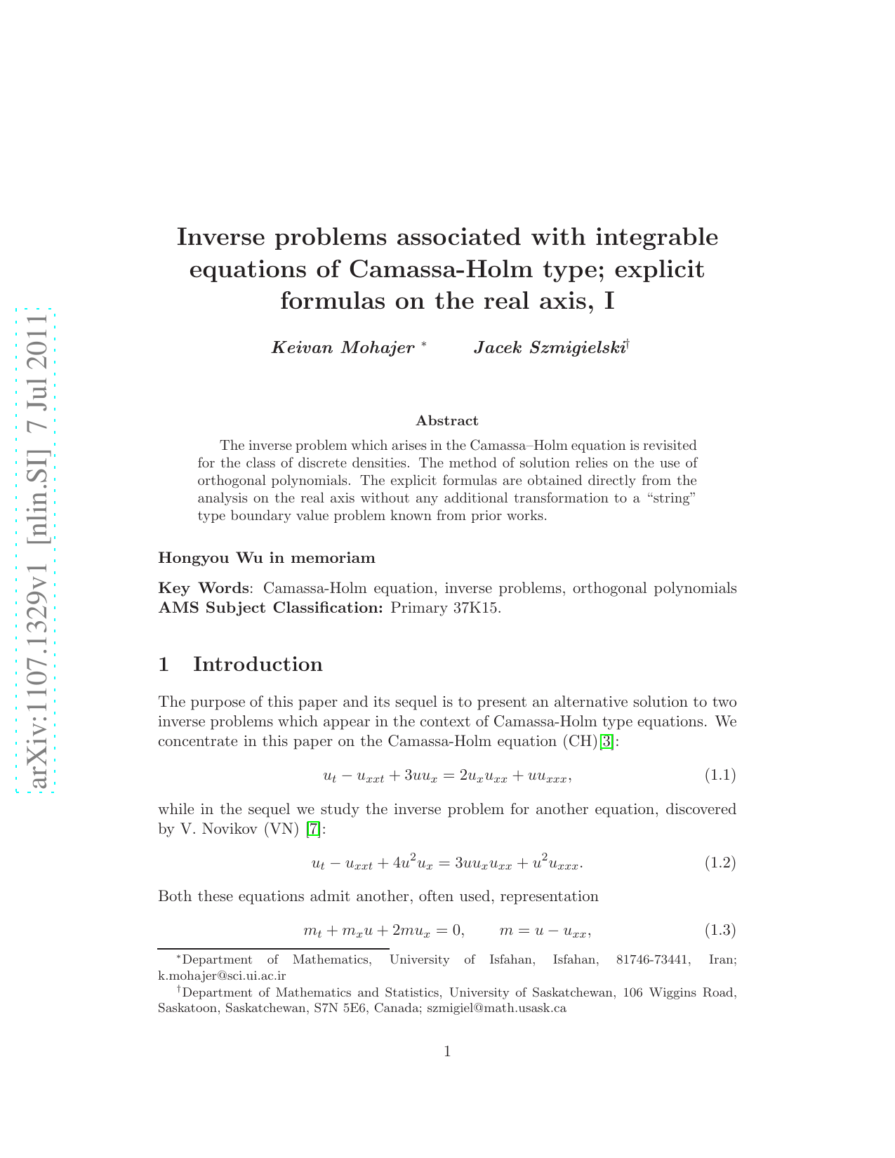 Inverse problems associated with integrable equations of Camassa-Holm   type; explicit formulas on the real axis, I