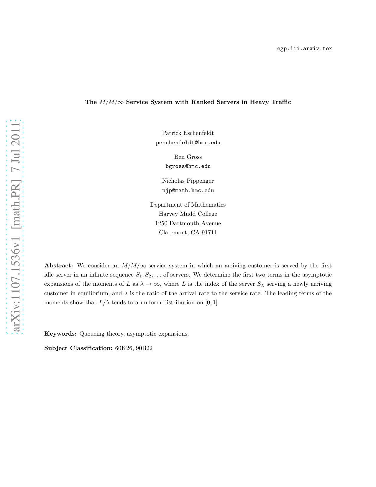 The M/M/Infinity Service System with Ranked Servers in Heavy Traffic