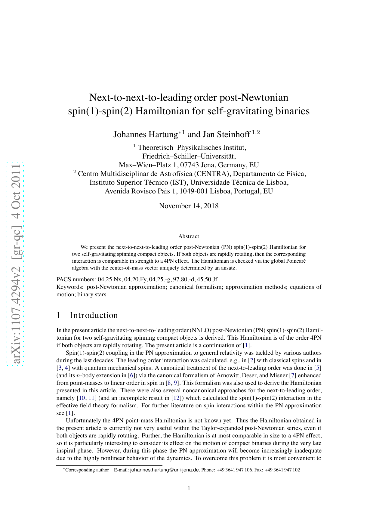 Next-to-next-to-leading order post-Newtonian spin(1)-spin(2) Hamiltonian   for self-gravitating binaries