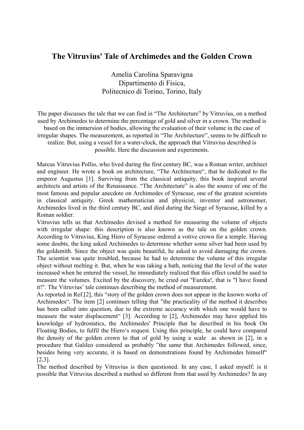 The Vitruvius Tale of Archimedes and the Golden Crown