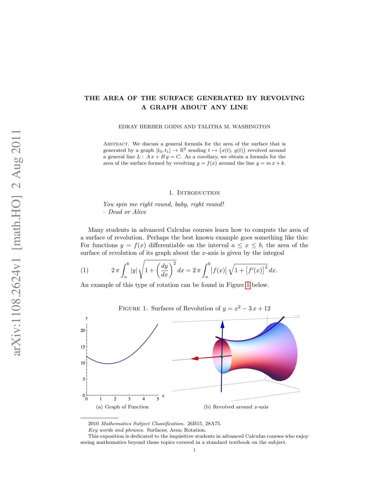 The Area of the Surface Generated by Revolving a Graph About Any Line