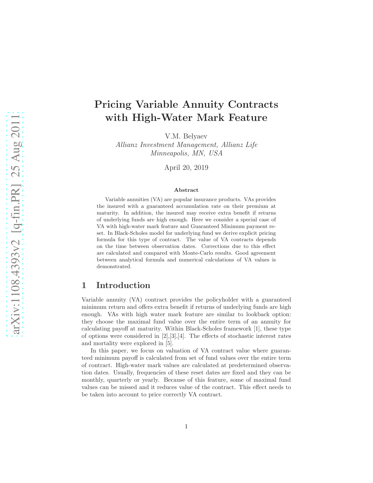 Pricing Variable Annuity Contracts with High-Water Mark Feature