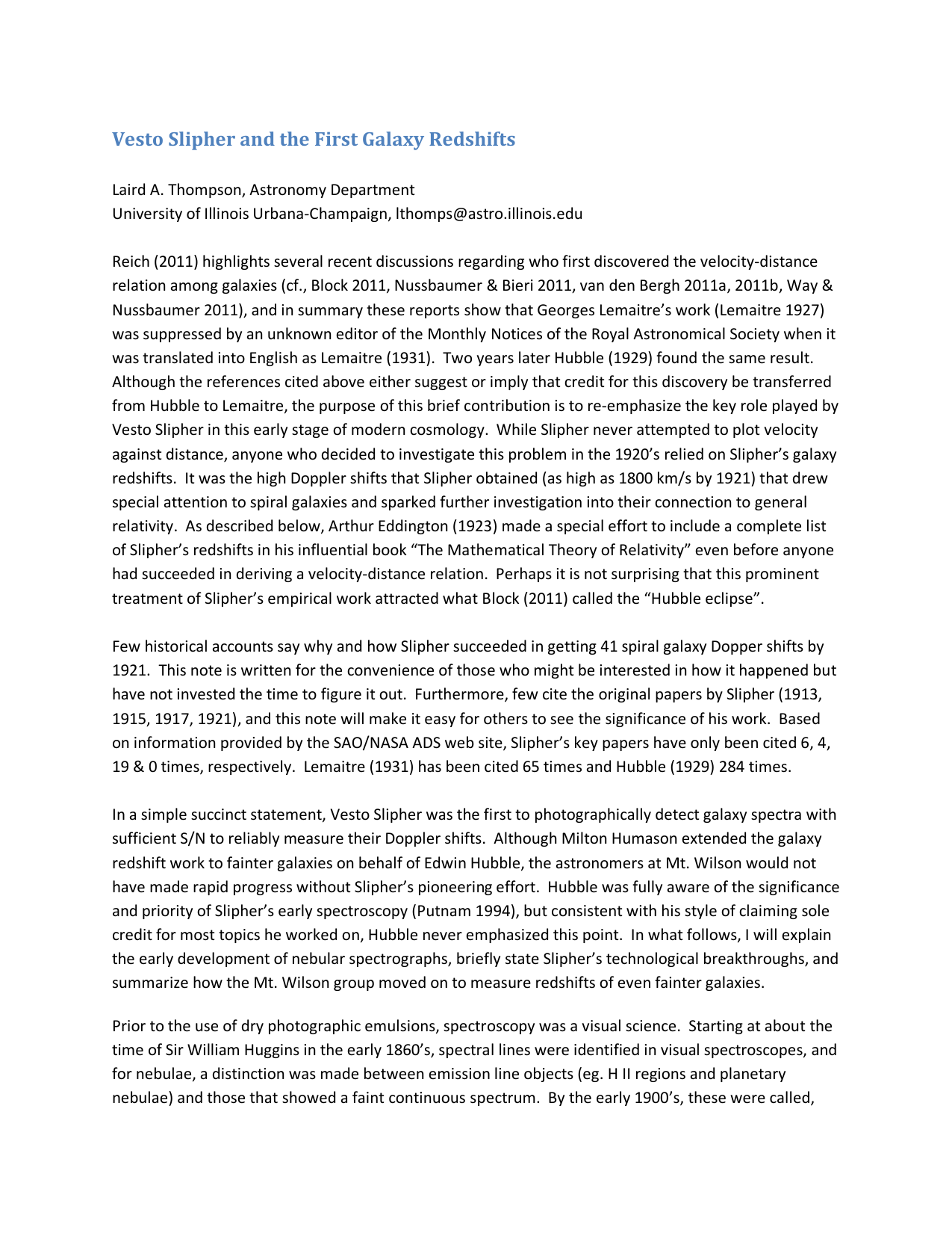 Vesto Slipher and the First Galaxy Redshifts