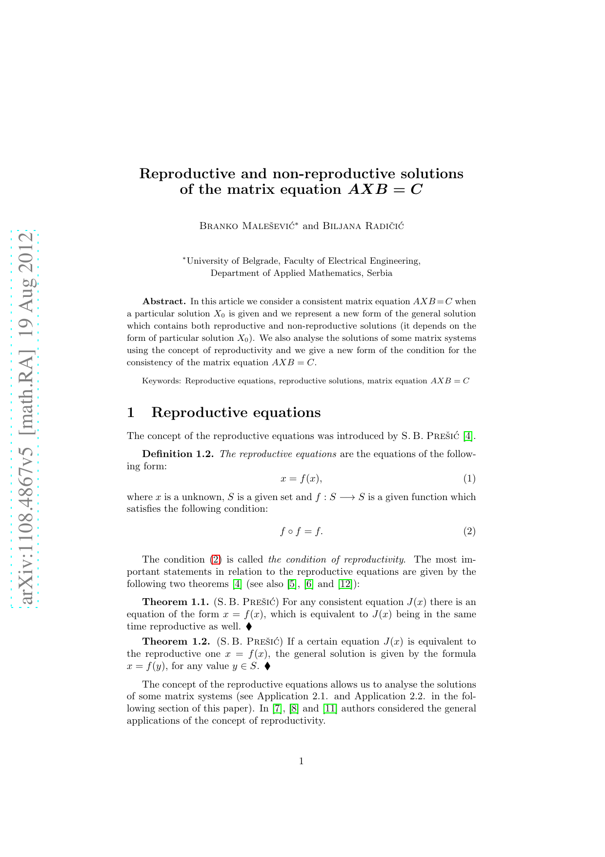 Reproductive and non reproductive solutions of the matrix equation AXB C